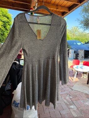 torrid Gray Ribbed V-Neck Long Sleeve Flared Dress